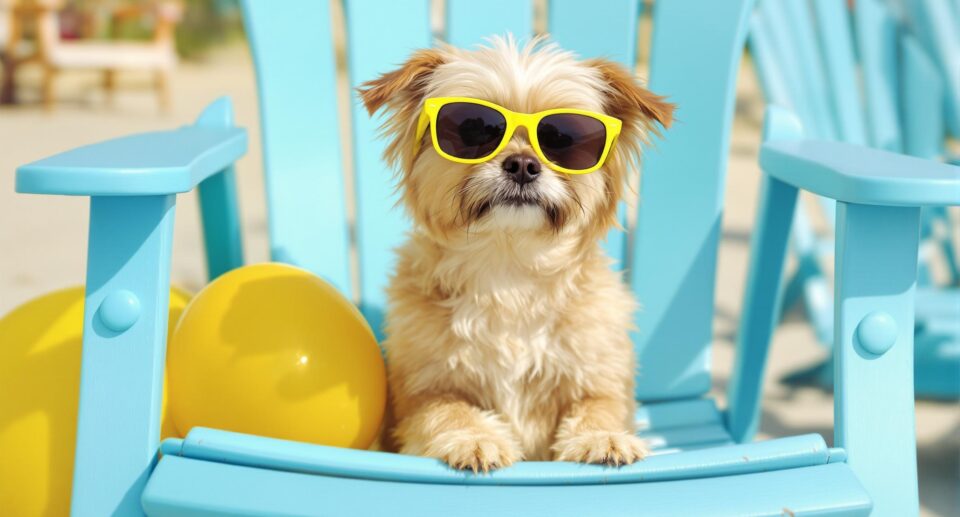 Playful small dog on beach chair with sunglasses, highlighting the need for flea and tick prevention.