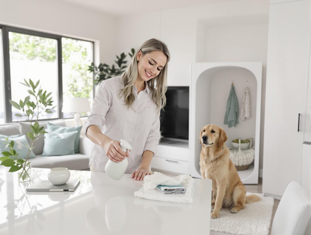 Pet owner using dog-friendly cleaning product near golden retriever in modern living room.