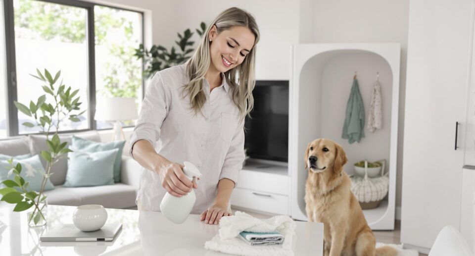 Pet owner using dog-friendly cleaning product near golden retriever in modern living room.