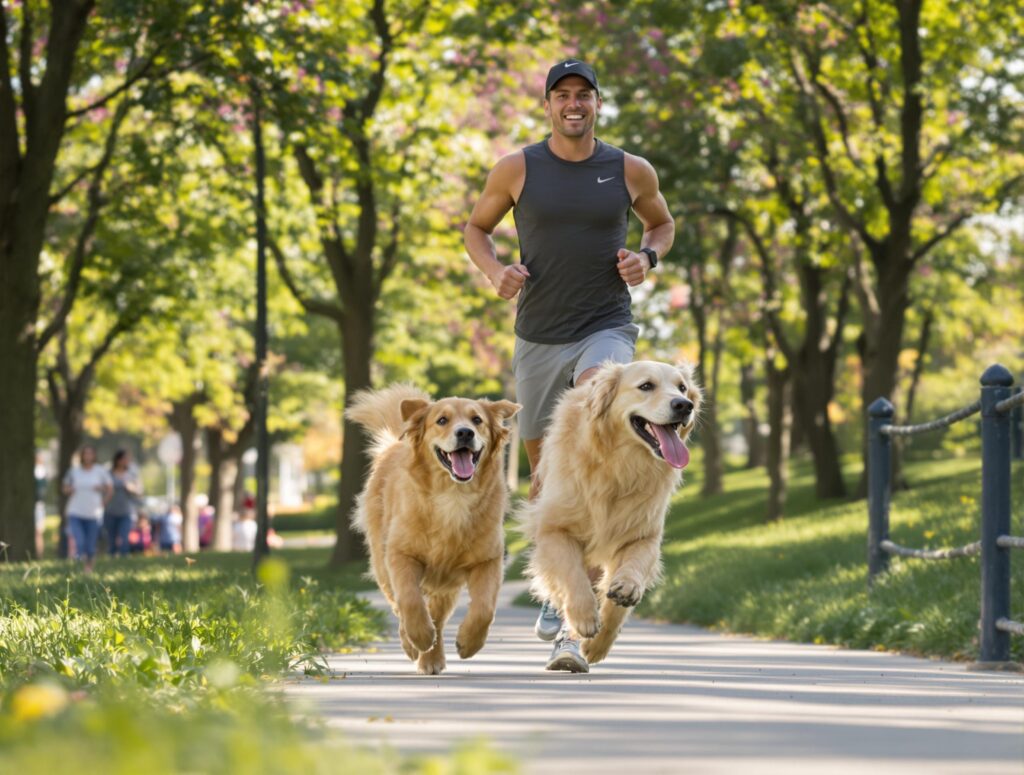 Athletic owner jogging with joyful golden retriever in park, highlighting dog's hearing health and vibrant bond.