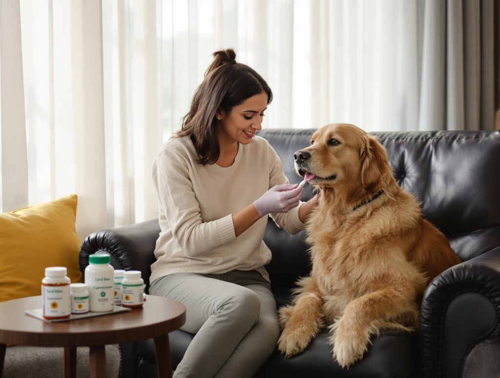 Compassionate pet owner giving heart failure medication to a calm Golden Retriever in a cozy living room.