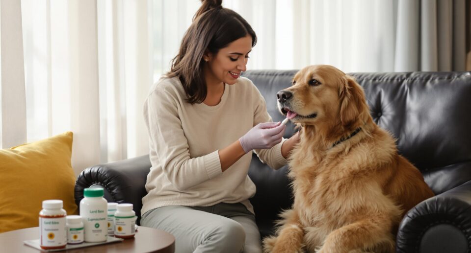 Compassionate pet owner giving heart failure medication to a calm Golden Retriever in a cozy living room.