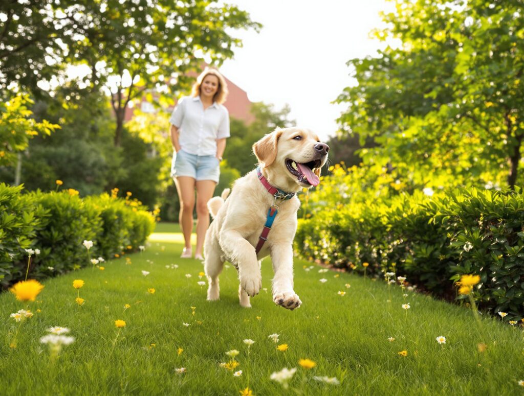 A joyful Labrador Spaniel mix in a garden, representing heartworm awareness for dog owners.