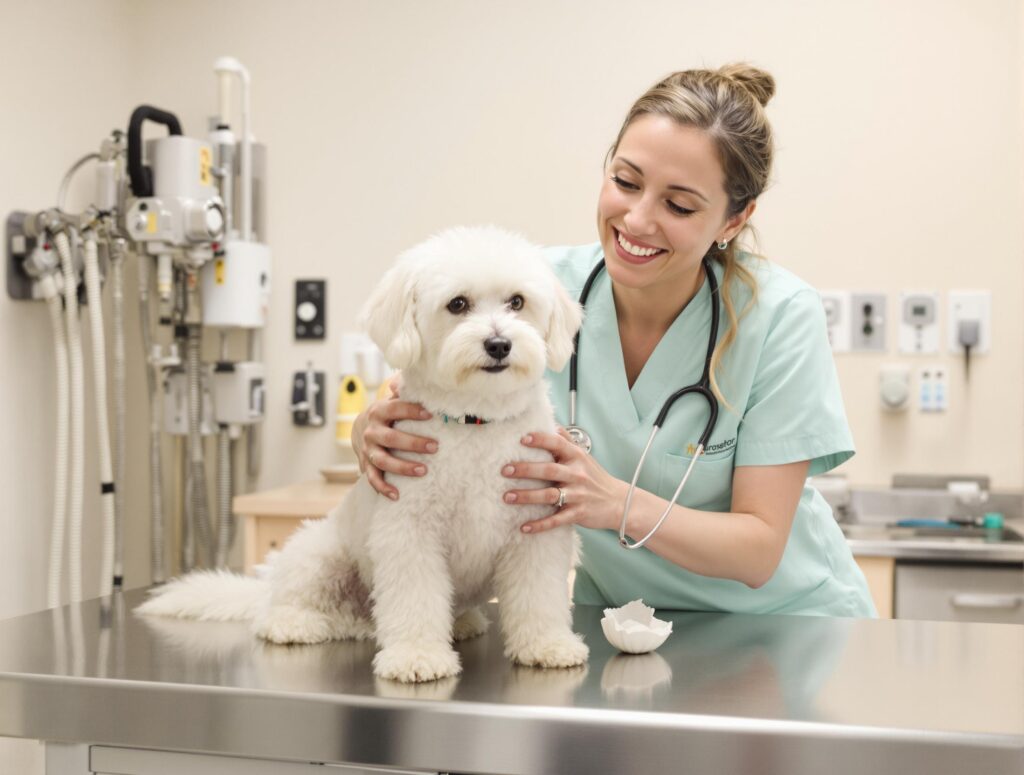 A fluffy white terrier sits on a vet exam table for annual heartworm testing at a veterinary clinic.