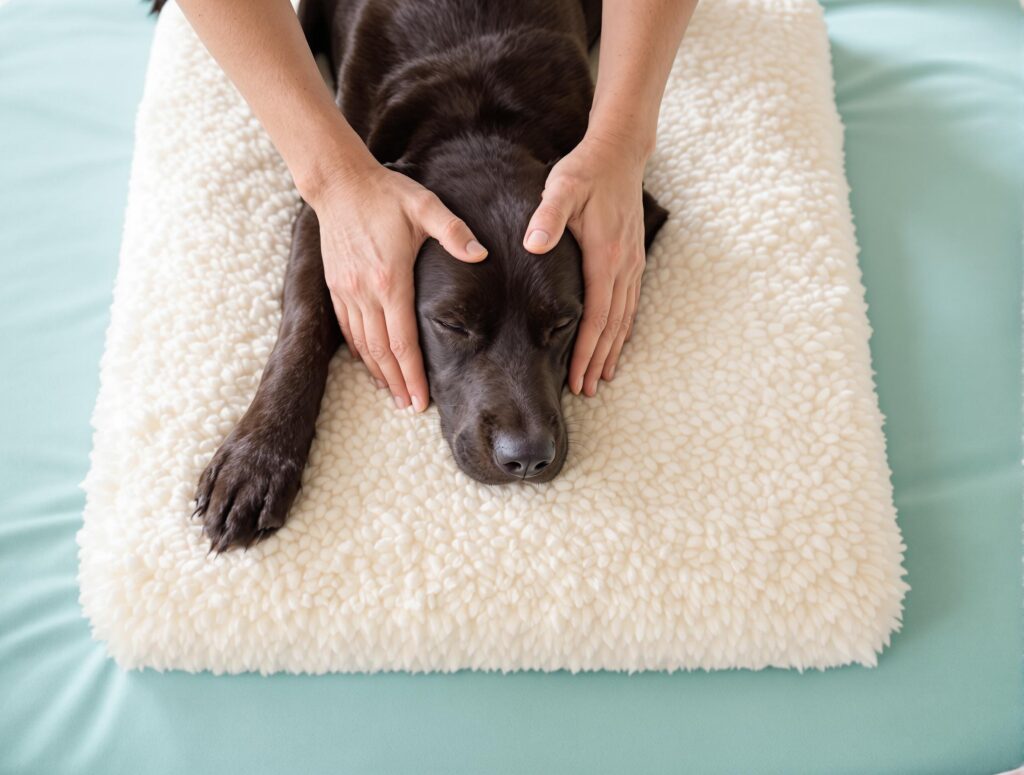 A Labrador receiving a gentle massage for hip dysplasia treatment, lying relaxed on a therapeutic mat.