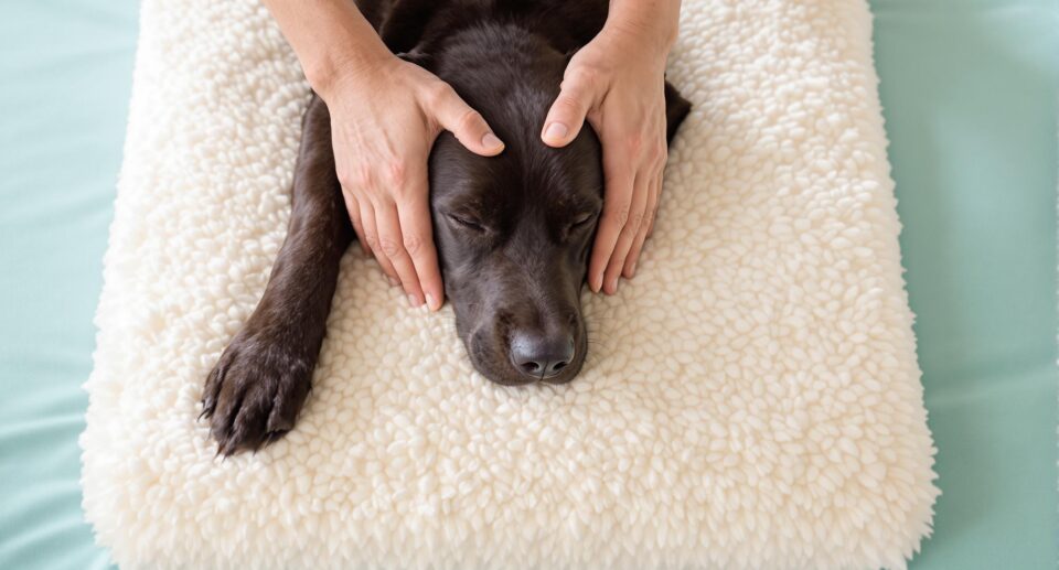 A Labrador receiving a gentle massage for hip dysplasia treatment, lying relaxed on a therapeutic mat.