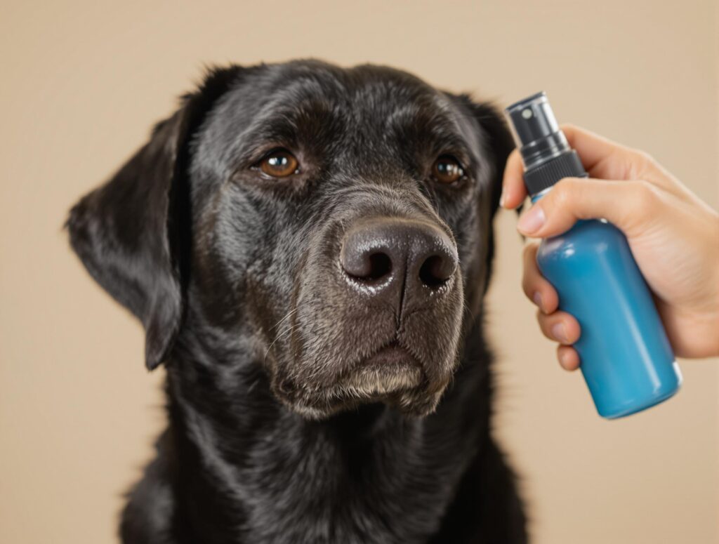 A black dog receives a calming topical spray treatment for hot spots, emphasizing care and gentleness.