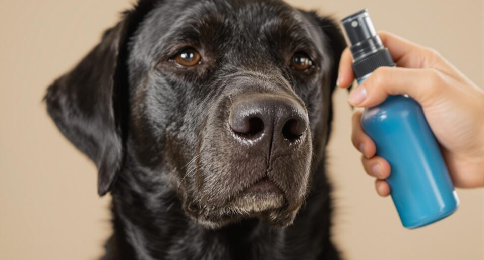 A black dog receives a calming topical spray treatment for hot spots, emphasizing care and gentleness.