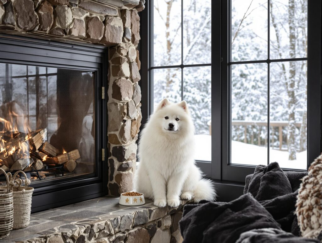 A fluffy Samoyed dog sits by a stone fireplace in winter, highlighting dog hunger during colder months.