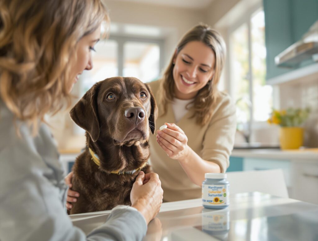 Dog owner giving glucosamine chondroitin MSM supplement to attentive chocolate Labrador in a bright kitchen.
