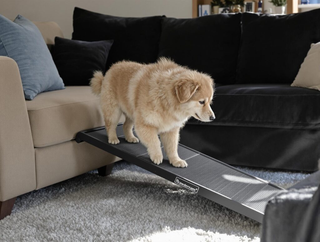 Medium-sized dog using pet ramp onto sofa, promoting joint health.