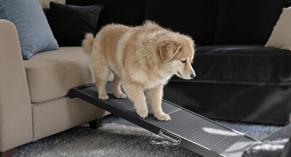 Medium-sized dog using pet ramp onto sofa, promoting joint health.