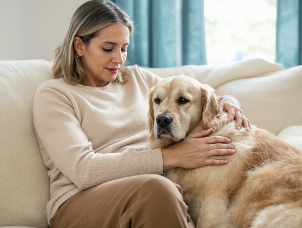 Mid-30s dog owner comforting a weary medium-sized dog, showcasing symptoms of kidney disease, highlighting their emotional connection.