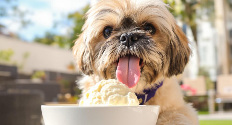 A small breed dog joyfully licking vanilla ice cream outdoors, illustrating if ice cream is safe for dogs.