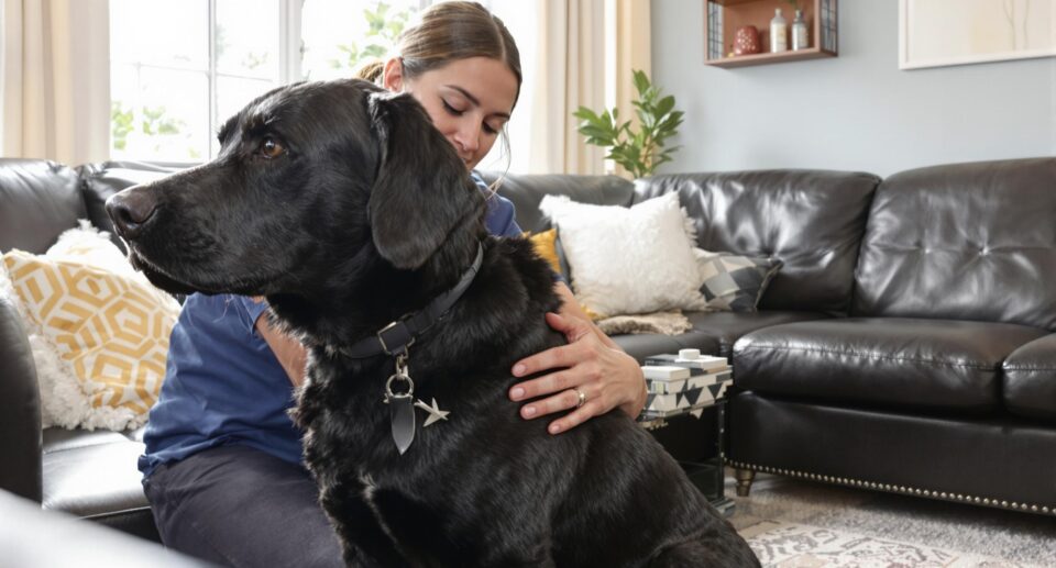 A white and brown spotted dog sitting on a sofa with a woman, illustrating a tender moment, related to finding a lump or wart on your dog.