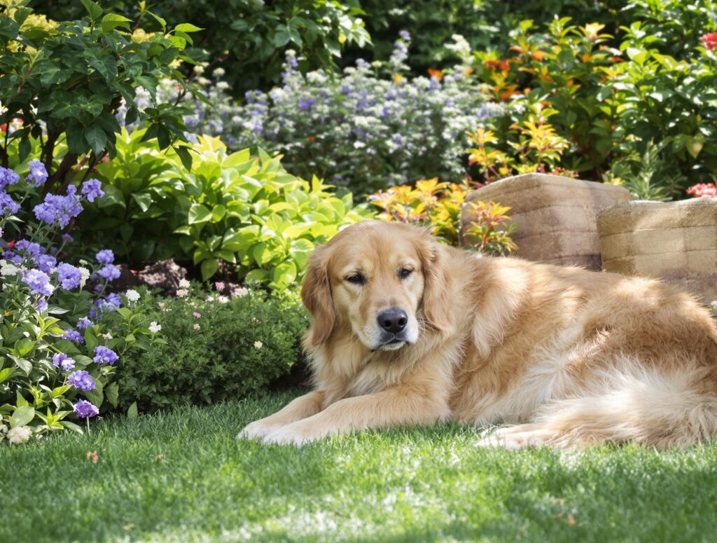 Golden retriever lying down on the grass
