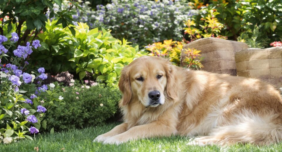 Golden retriever lying down on the grass