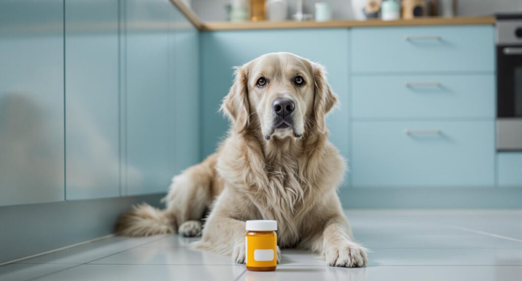 Golden Retriever lies on modern kitchen floor beside orange prescription medication bottle, against backdrop of light blue cabinets and wooden countertop