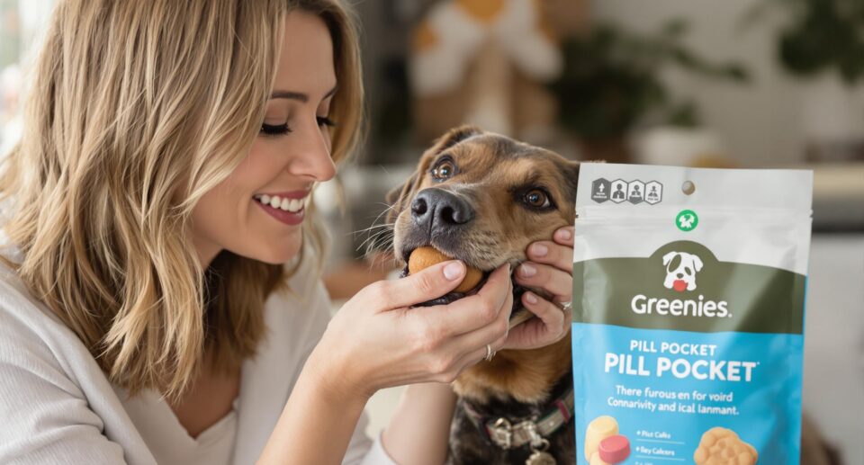 A woman gently giving medication to her calm dog in a bright home setting.