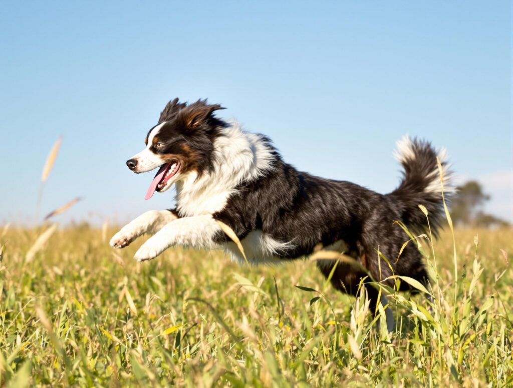 A vibrant Border Collie leaping through a sunlit meadow, illustrating the benefits of multivitamins for dogs.