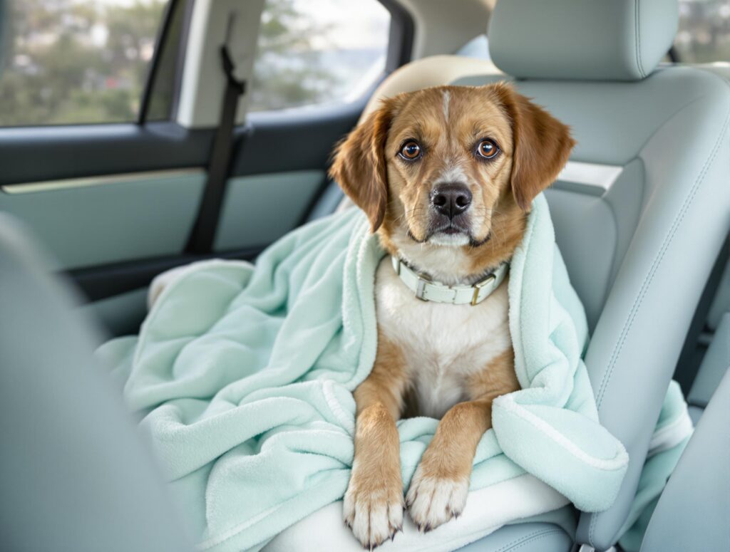 Medium-sized dog sitting calmly in a car booster seat with a mint green blanket, illustrating ways to reduce dog nausea during travel.