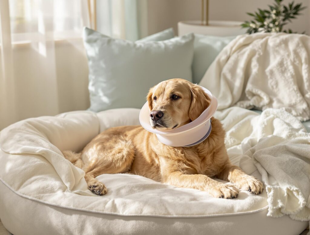 Golden retriever resting in a medical collar on a dog bed after surgery, highlighting comfort and healing.