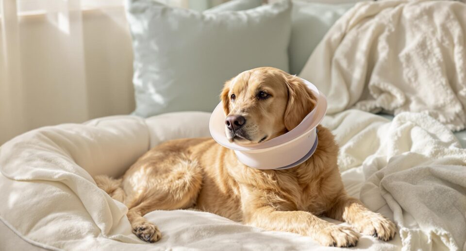 Golden retriever resting in a medical collar on a dog bed after surgery, highlighting comfort and healing.