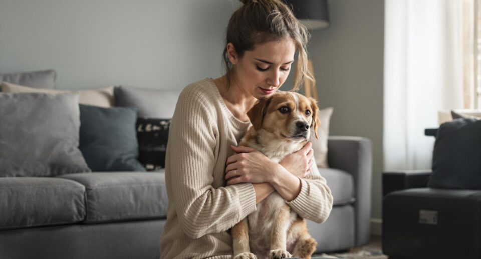 Woman compassionately cradling a worried dog, highlighting pet care during dog seizures.