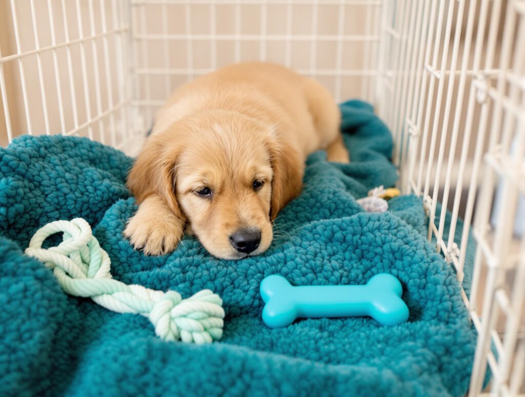 A golden retriever puppy peacefully rests in a crate, surrounded by toys, illustrating dog separation anxiety relief.
