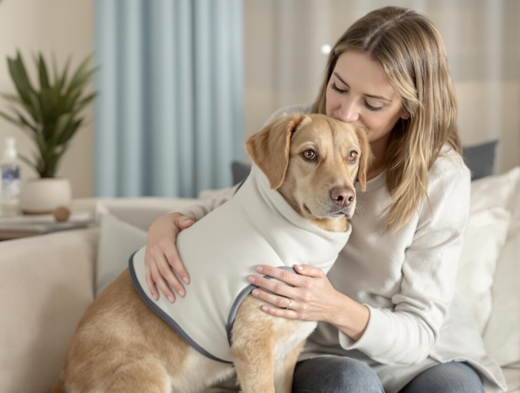 Pet owner fitting Thundershirt on dog for separation anxiety treatment in soothing living room.