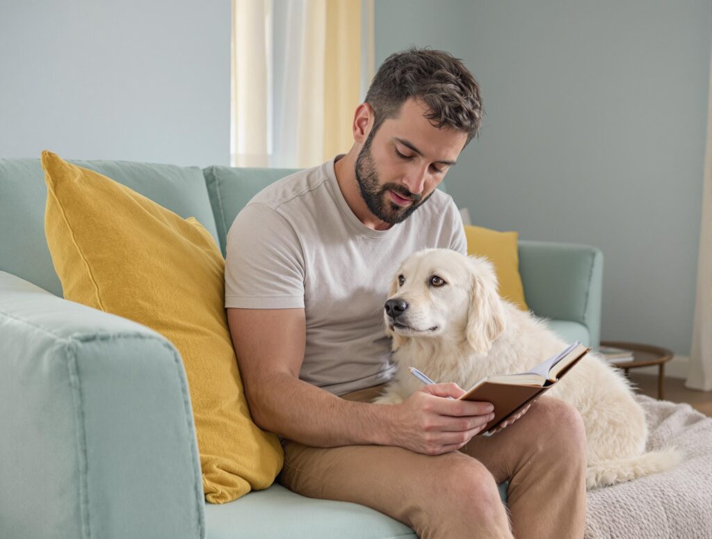 A person attentively writes observations about their dog on a couch, highlighting how to tell if your dog is sick.