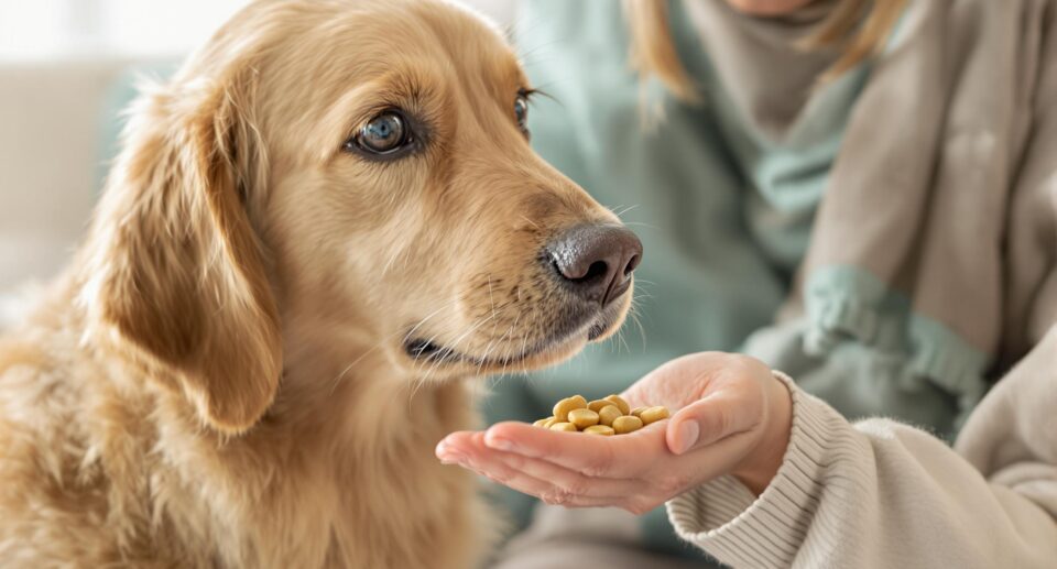 A golden retriever gently takes a supplement from its owner's hand in a softly lit living room, emphasizing care and trust.