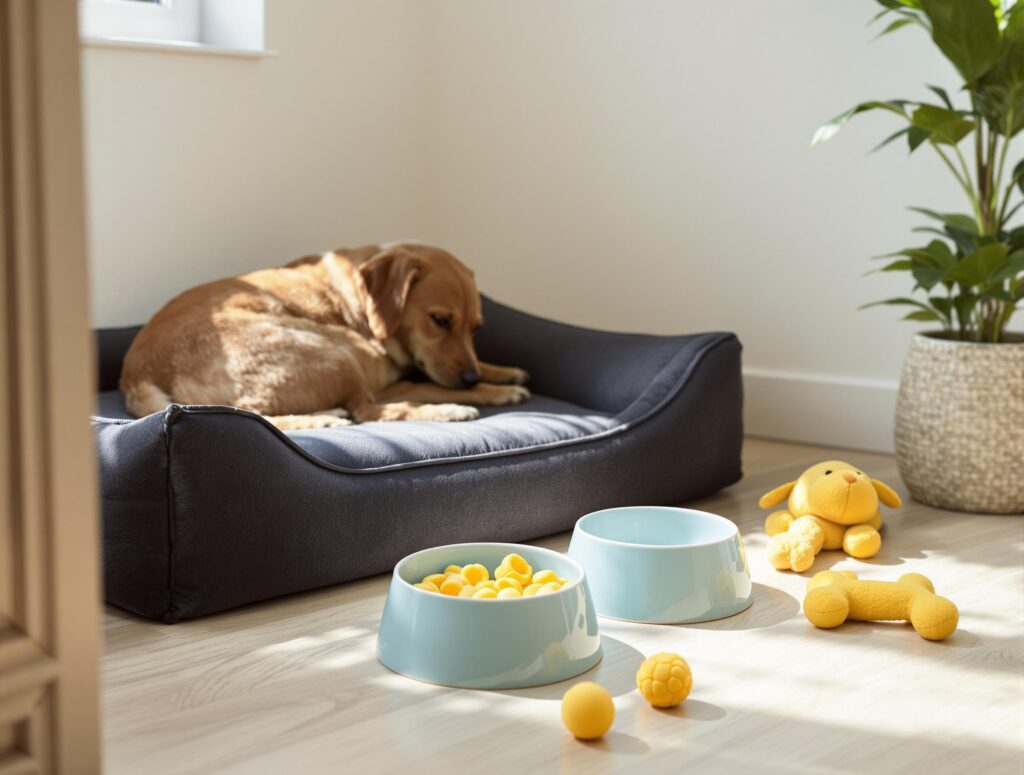 Black orthopedic dog bed with powder blue bowls and yellow chew toys on hardwood floor.