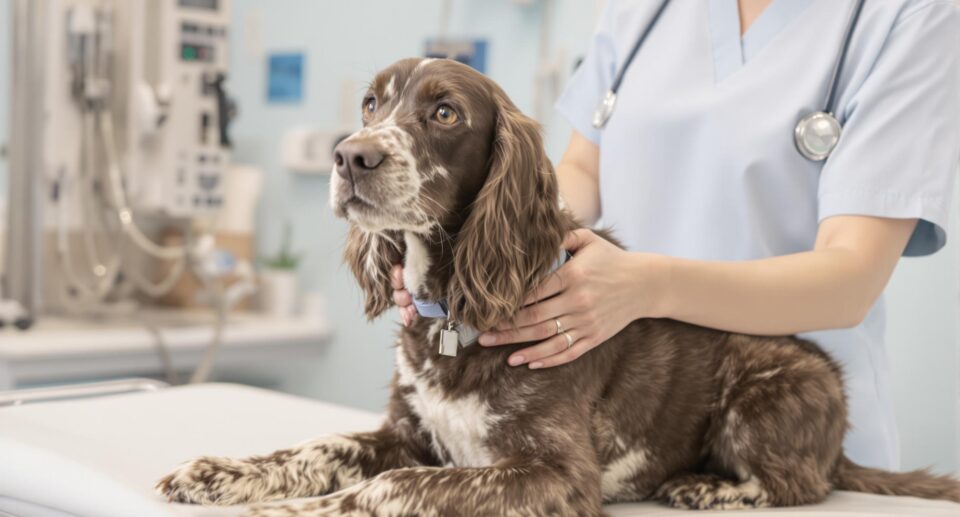 Female veterinarian examining medium-sized spaniel for thyroid issues on a white table at a veterinary clinic.