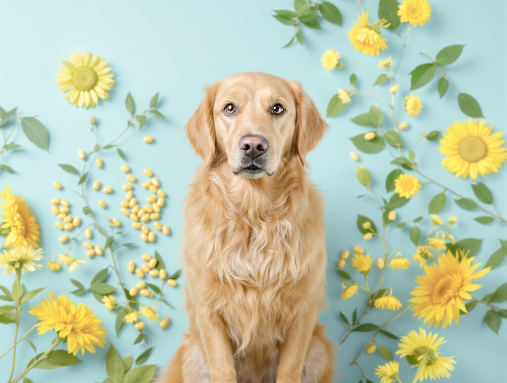 Golden Retriever surrounded by milk thistle and dandelion, illustrating natural dog toxicity treatment.