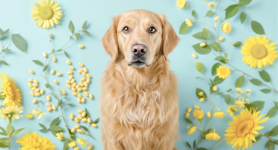 Golden Retriever surrounded by milk thistle and dandelion, illustrating natural dog toxicity treatment.