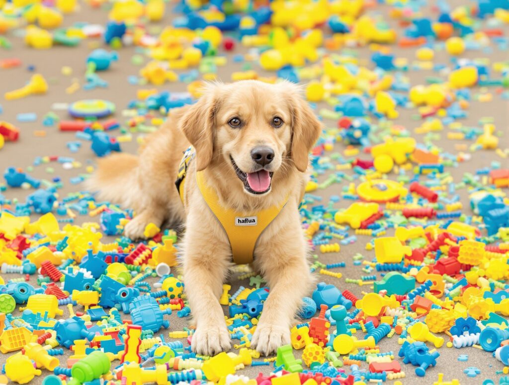 A playful Golden Retriever in a training scene with colorful toys, showcasing dog supplies for an active lifestyle.