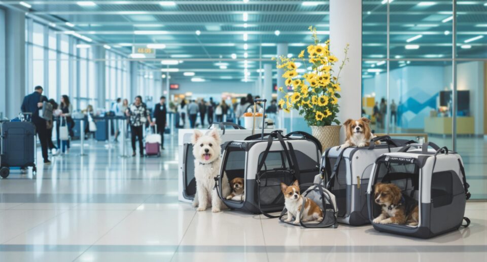 Stylish dog carriers for travel displayed in an airport terminal, emphasizing comfort and design for various dog sizes.