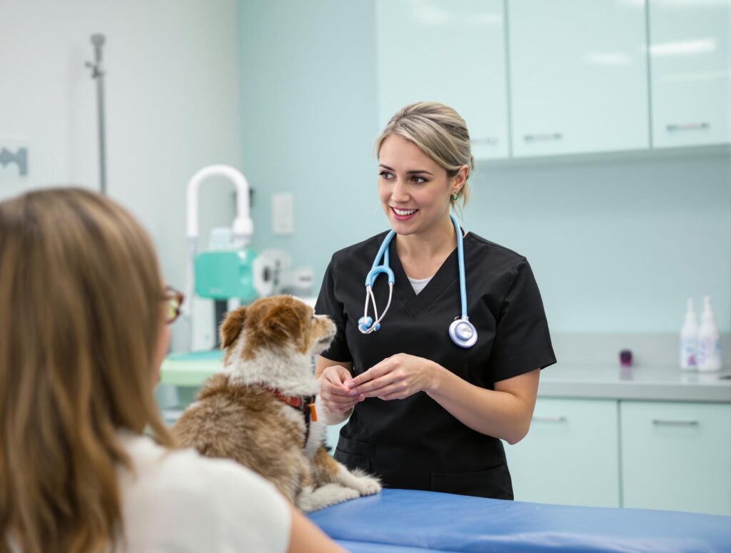 Female veterinarian explaining cystocentesis procedure for dog urinary tract infection in a modern clinic.