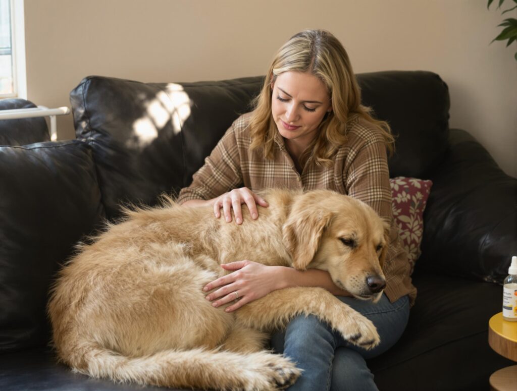 Compassionate pet owner comforts golden retriever, highlighting dog vaccine side effects treatment.