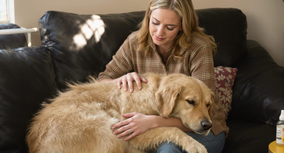 Compassionate pet owner comforts golden retriever, highlighting dog vaccine side effects treatment.