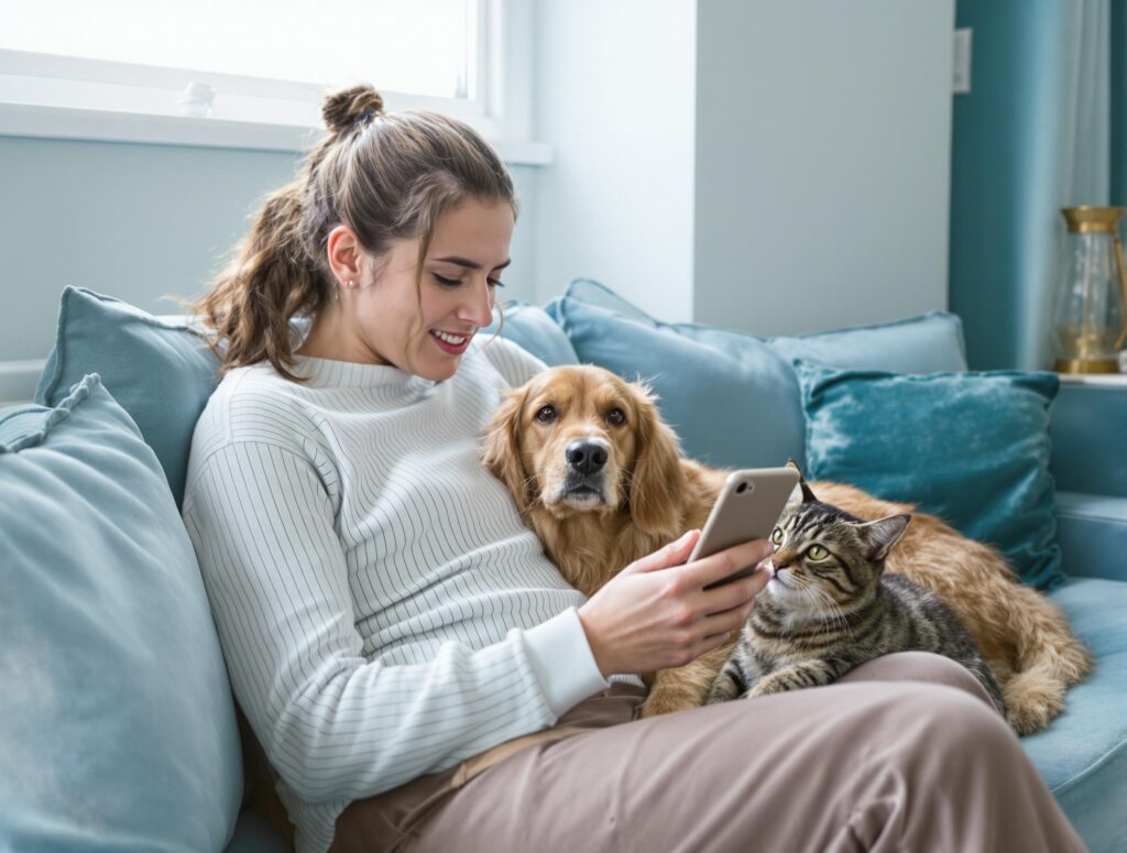 A concerned pet owner researching dog vomiting causes on a smartphone, with a golden retriever and a tabby cat nearby.