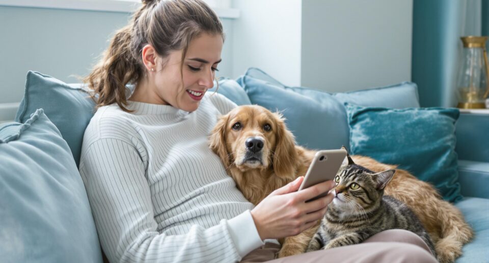 A concerned pet owner researching dog vomiting causes on a smartphone, with a golden retriever and a tabby cat nearby.