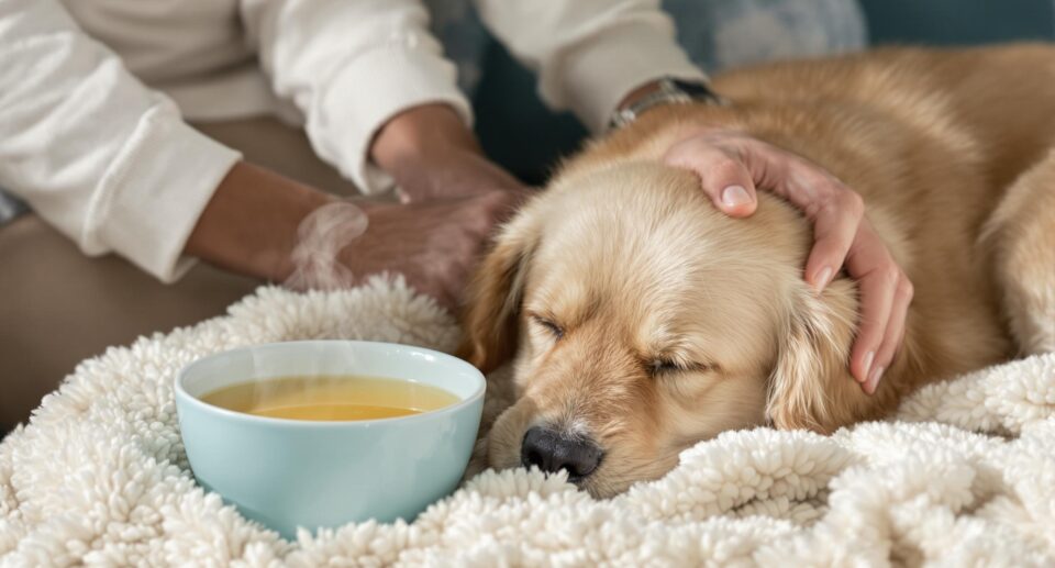 A golden retriever receiving comforting care alongside a person, part of dog vomiting treatment.