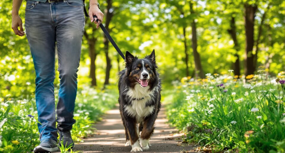 A mid-sized dark-colored dog walking with its owner on a sunlit park trail, highlighting dog walking etiquette.