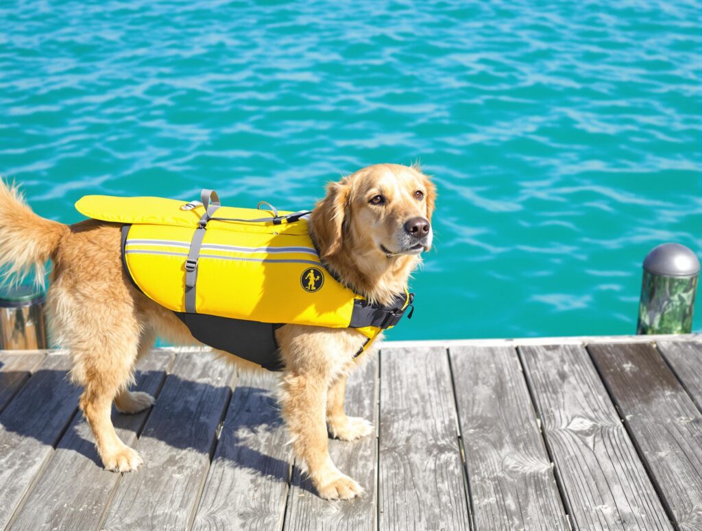 Golden retriever in a yellow life jacket on a dock by a clear blue lake for dog water safety tips.