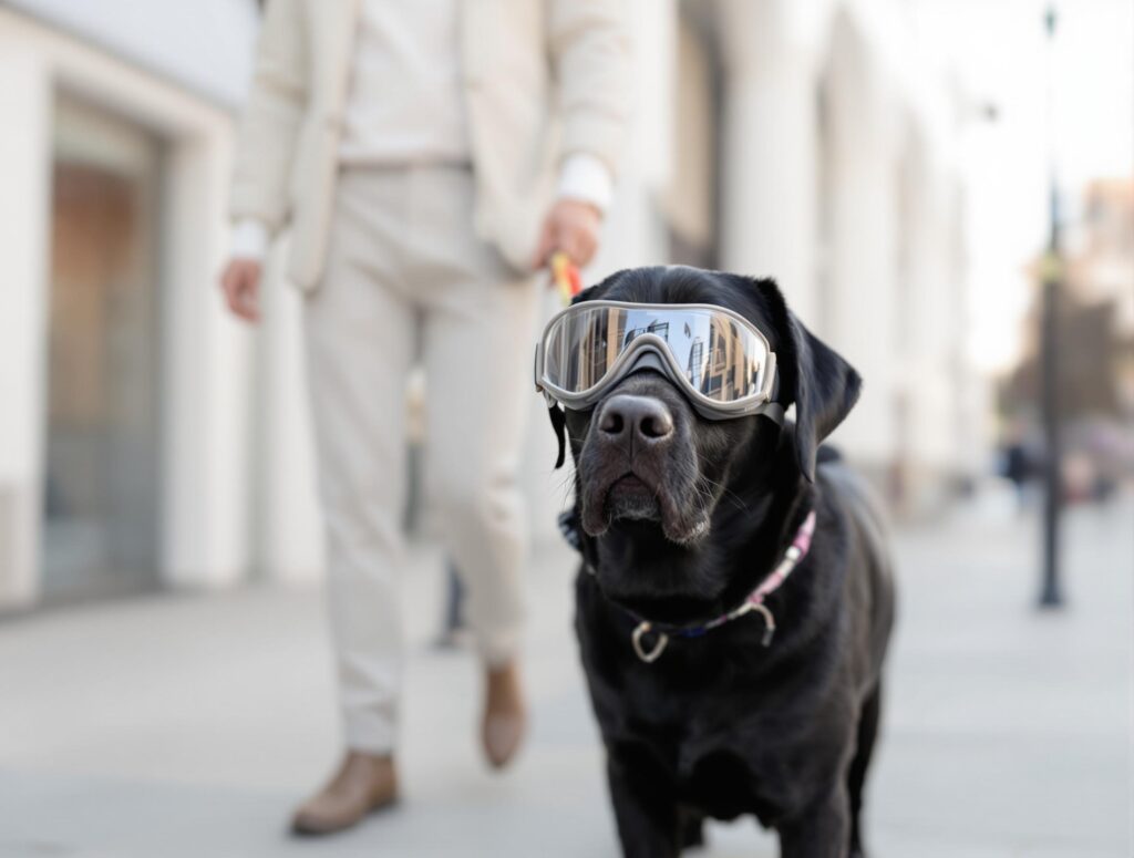 Dog Wearing Protective Goggles During a Walk