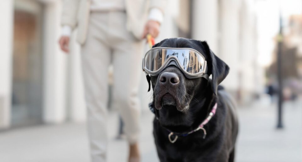 Dog Wearing Protective Goggles During a Walk