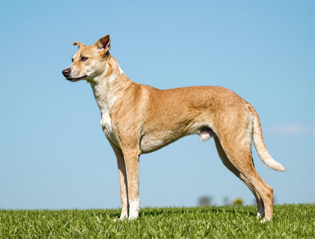 Athletic medium-sized dog standing confidently in a grassy park, showcasing a healthy and lean physique, ideal for assessing dog weight.