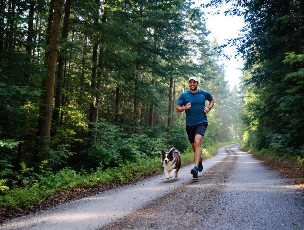 Athletic runner with energetic border collie on forest trail depicting joy and companionship, highlighting dog weight loss journey.